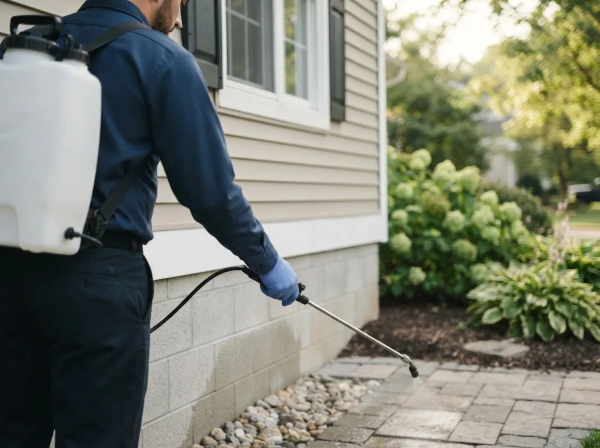 Pest control technician inspecting a home in Farmington, MN